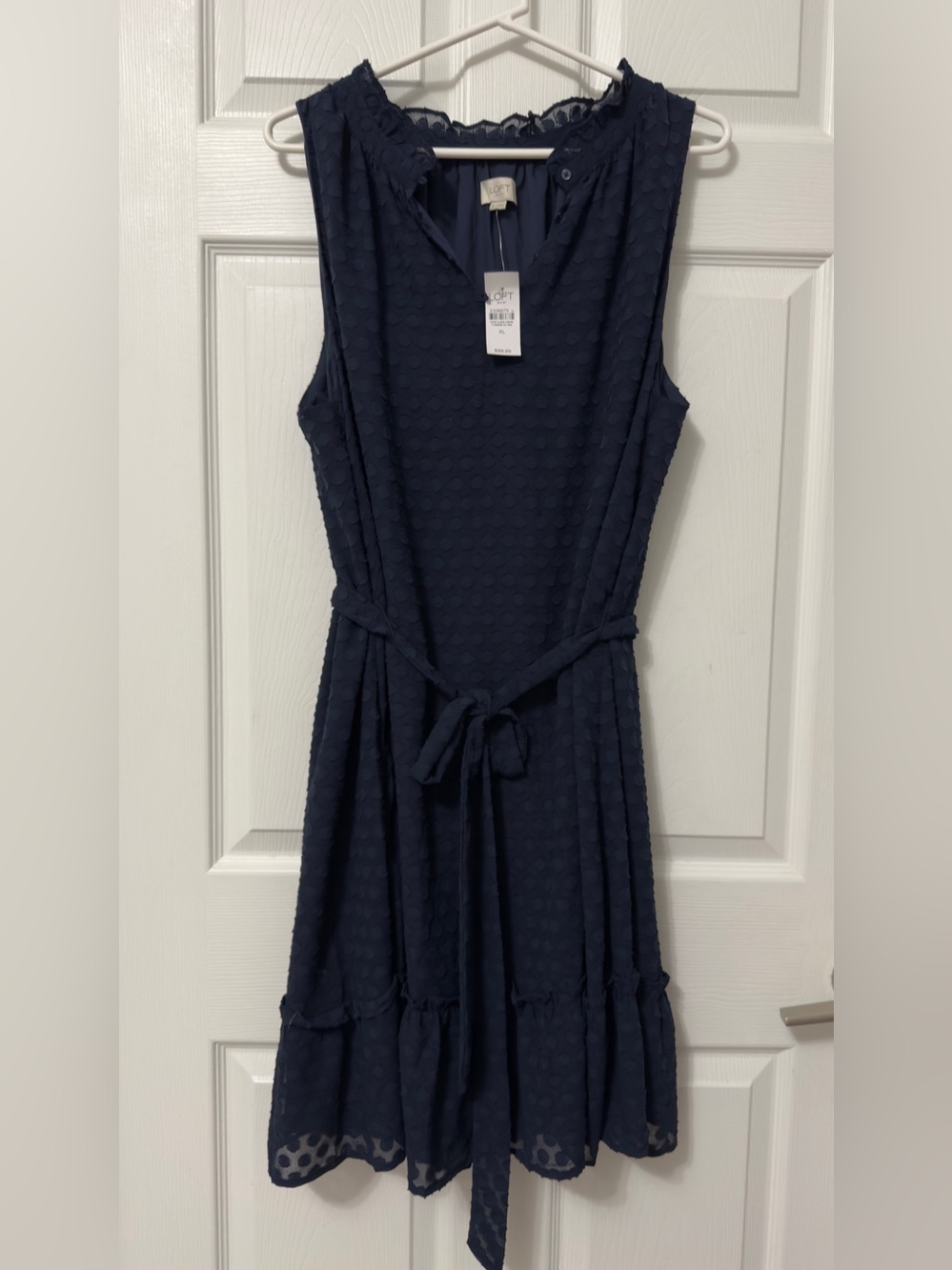 LOFT Navy Sleeveless Kids Dress with Textured Dot Pattern and Tie Waist